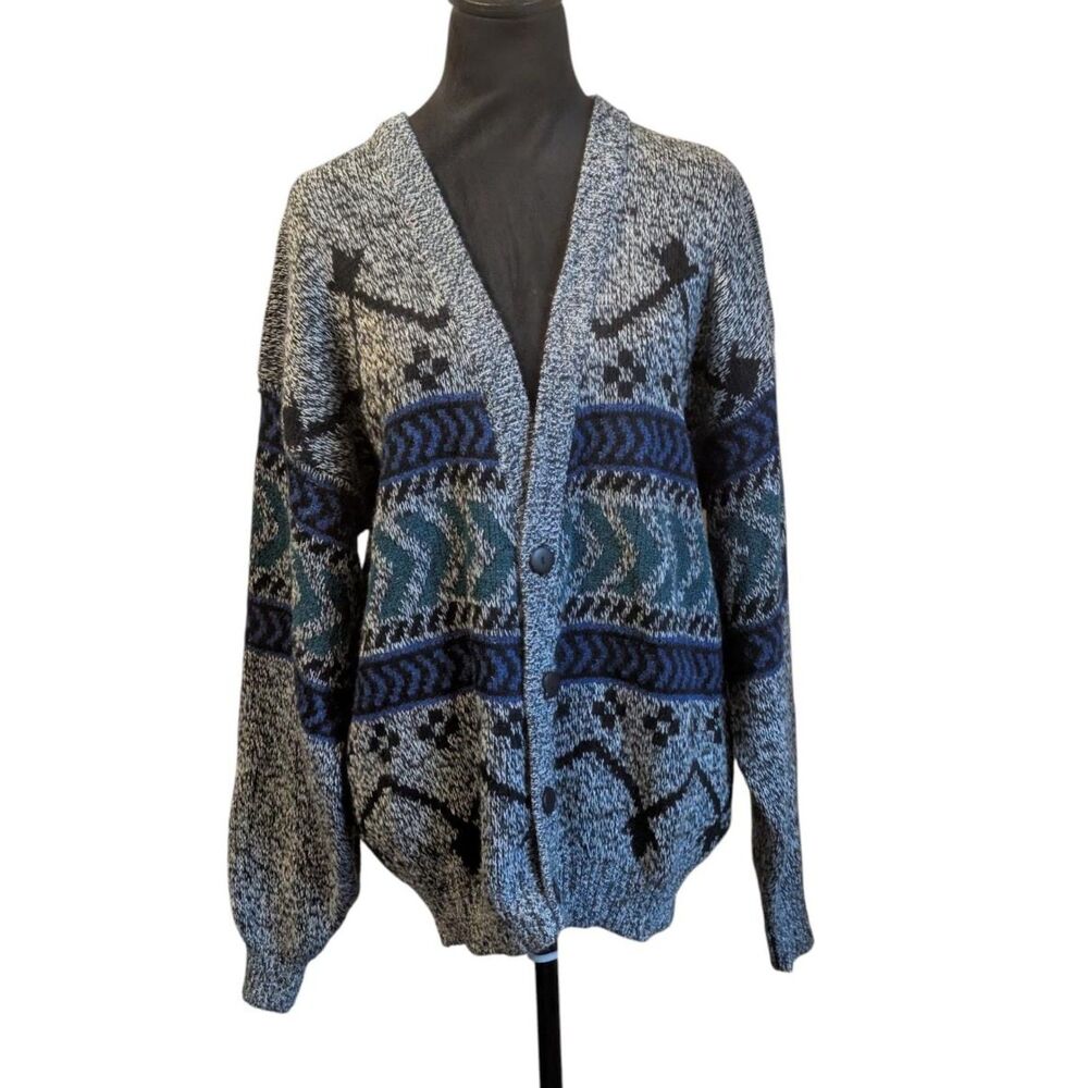 Robert Bruce 90s VTG Whimsigoth Aztec Geometric Knit Cardigan, Men's Medium